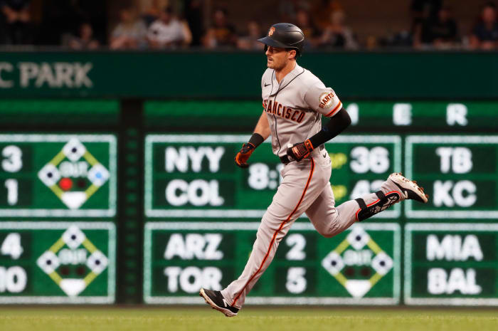 SF Giants center fielder Mike Yastrzemski circles the base on a solo home run against the Pittsburgh Pirates on July 15, 2023.